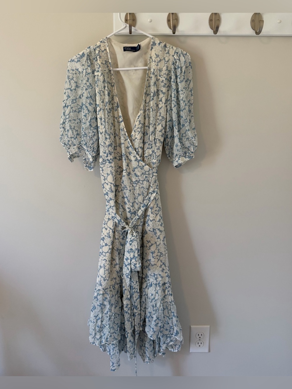 Polo Ralph Lauren Floral Crinkle Georgette Wrap Dress Size 4 Blue White